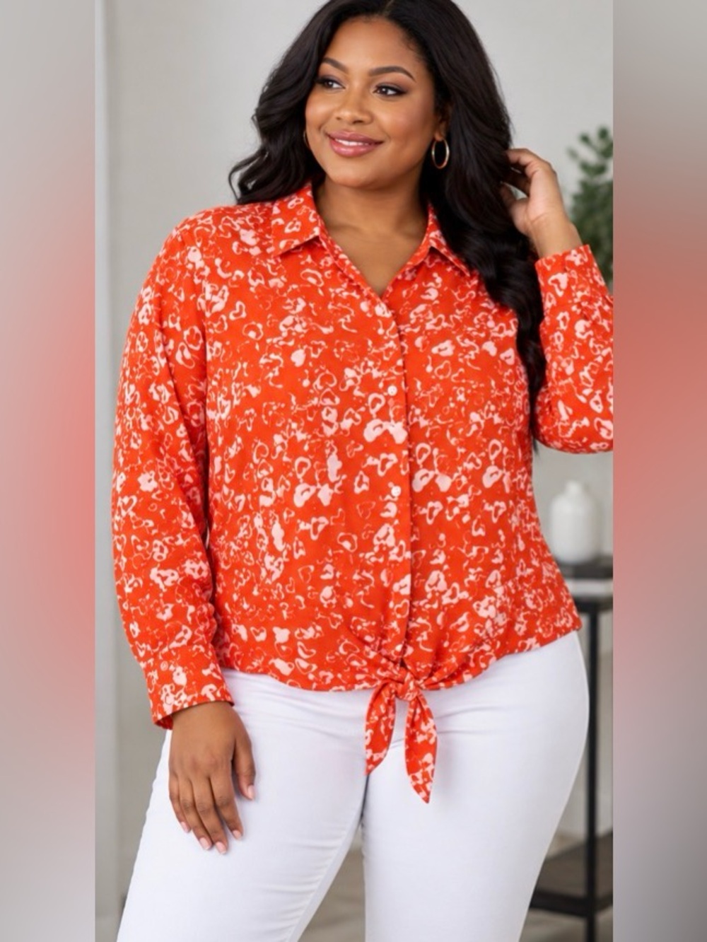 The Silky Tie Front Blouse - size XL - Tangerine & White